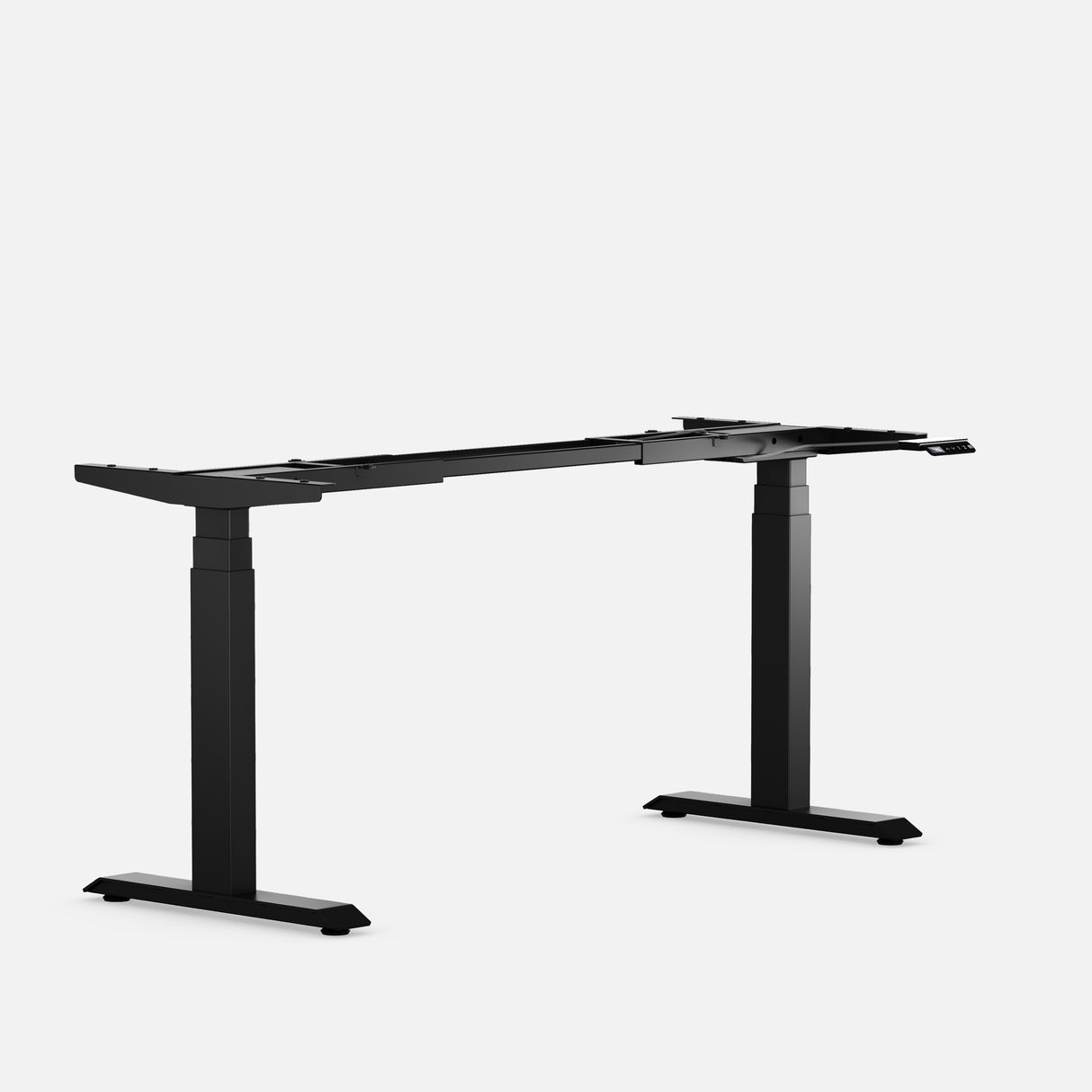 An electric height-adjustable desk frame in black color, consisting of a tabletop supported by two adjustable columns.