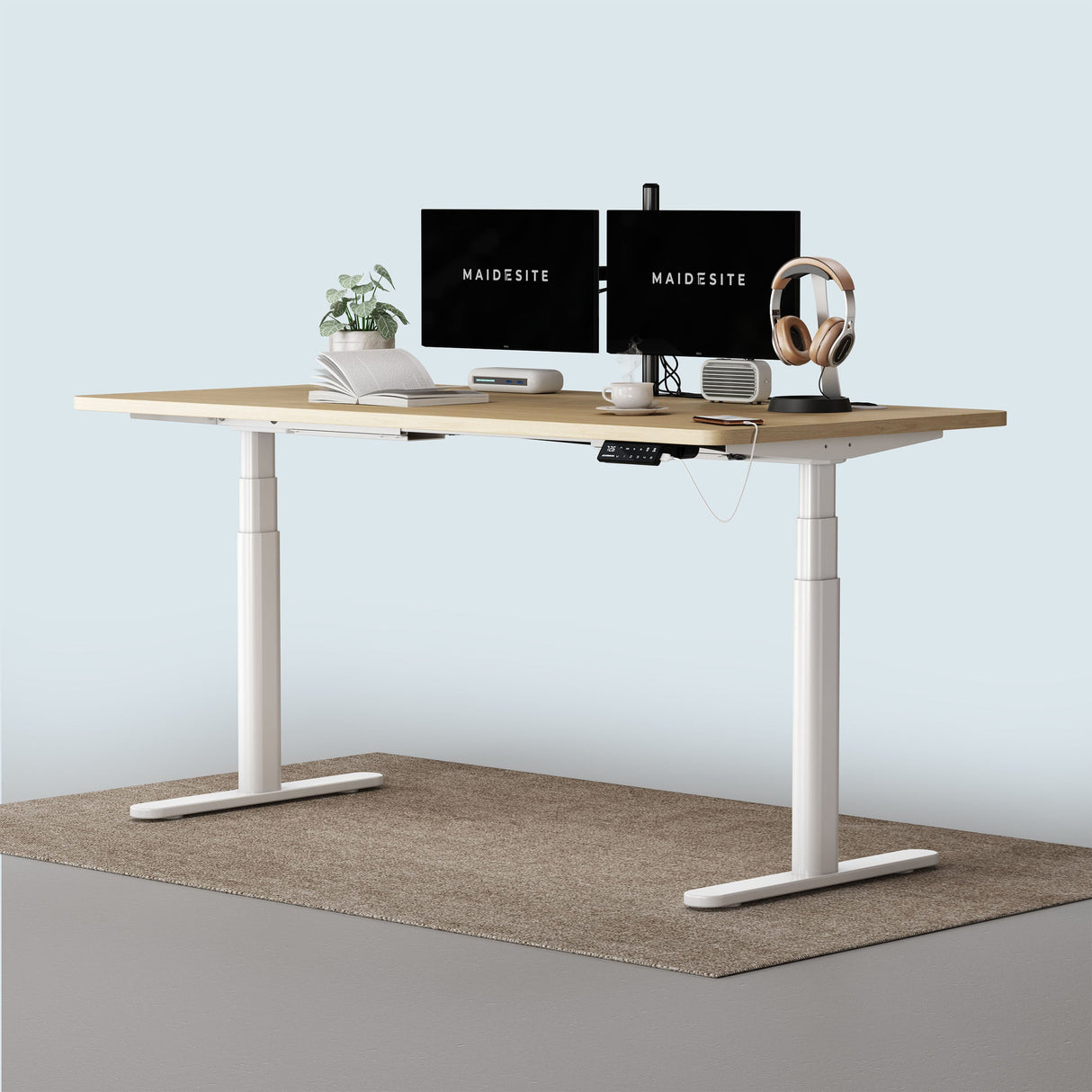 Maidesite TH2 Pro Plus white oval standing desk with oak top in the office