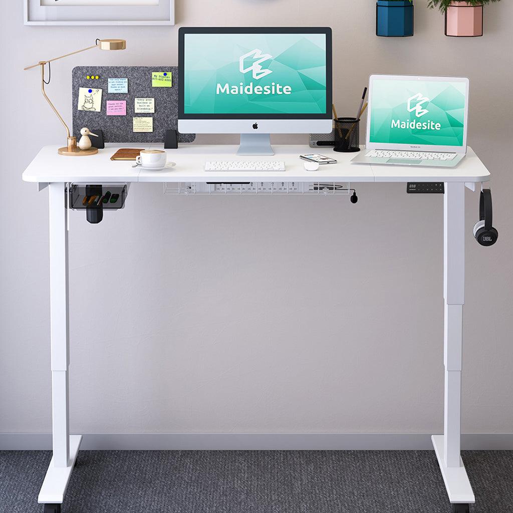 White standing desk with drawer, cable management hook and castors for home office