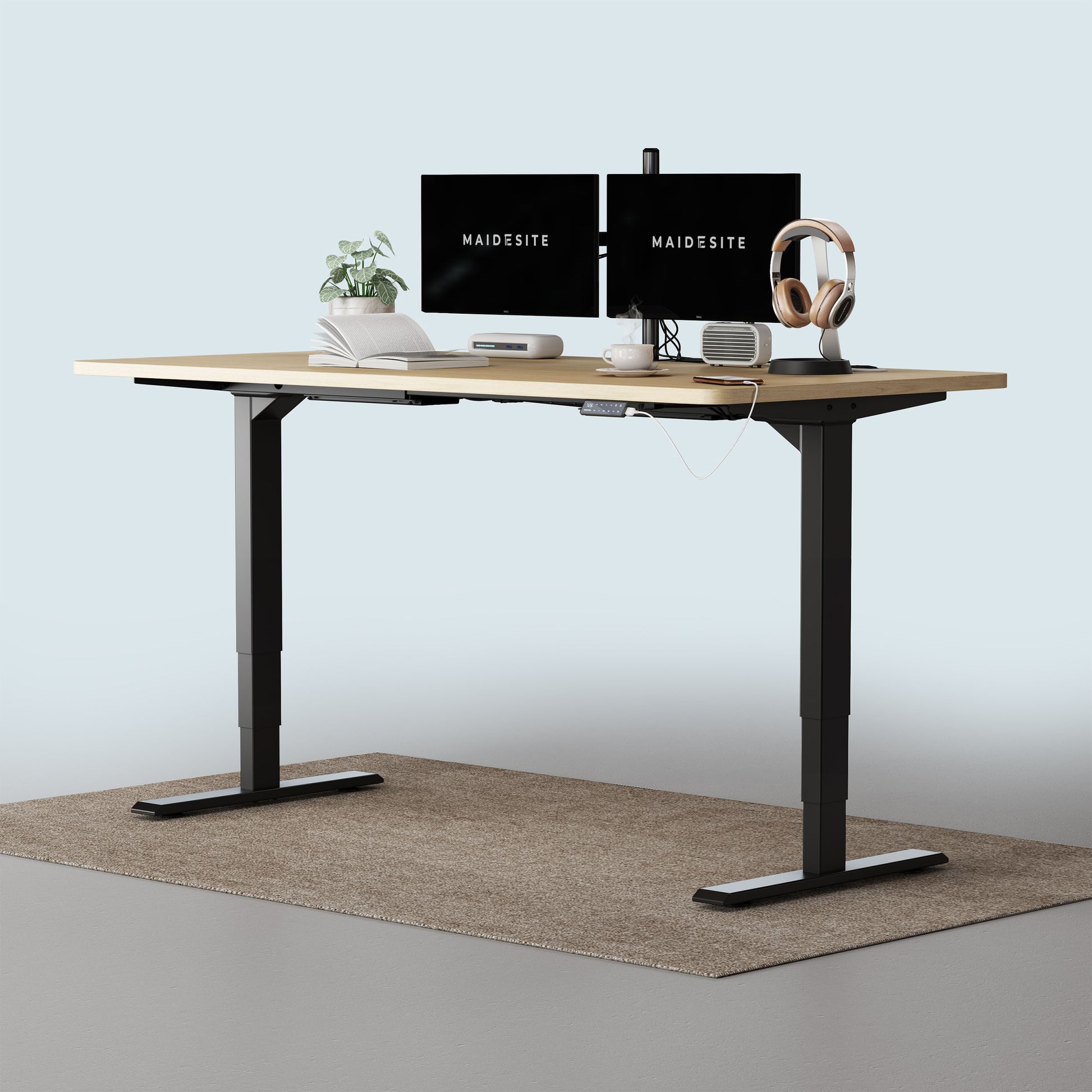T2 Pro Plus standing desk black frame and 160x80cm oak desktop