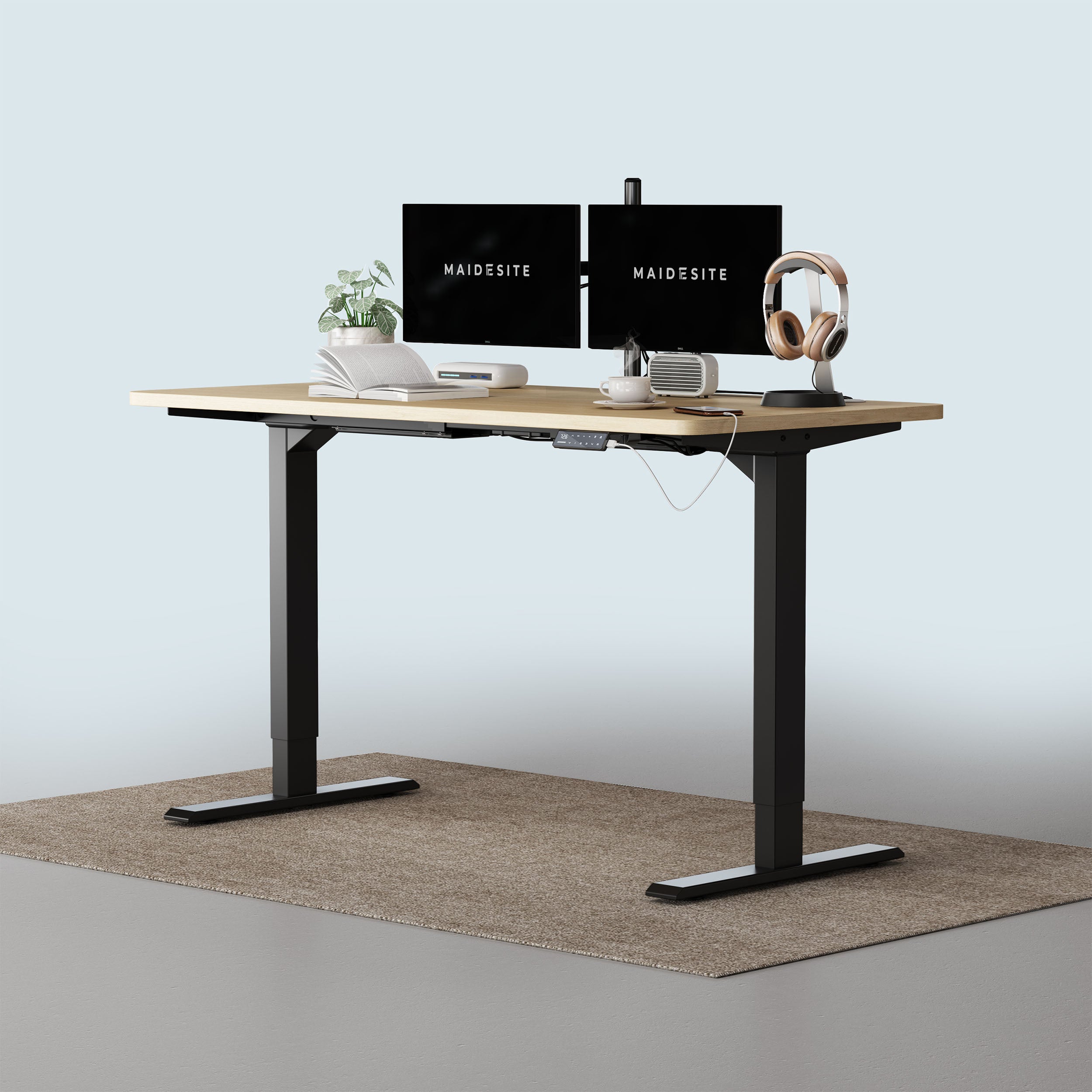 Maidesite T2 Pro height adjustable desk black frame and oak wood desktop