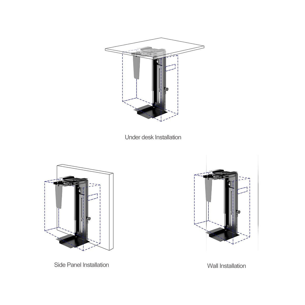 CPU holder with various installation methods, under desk installation, wall installation
