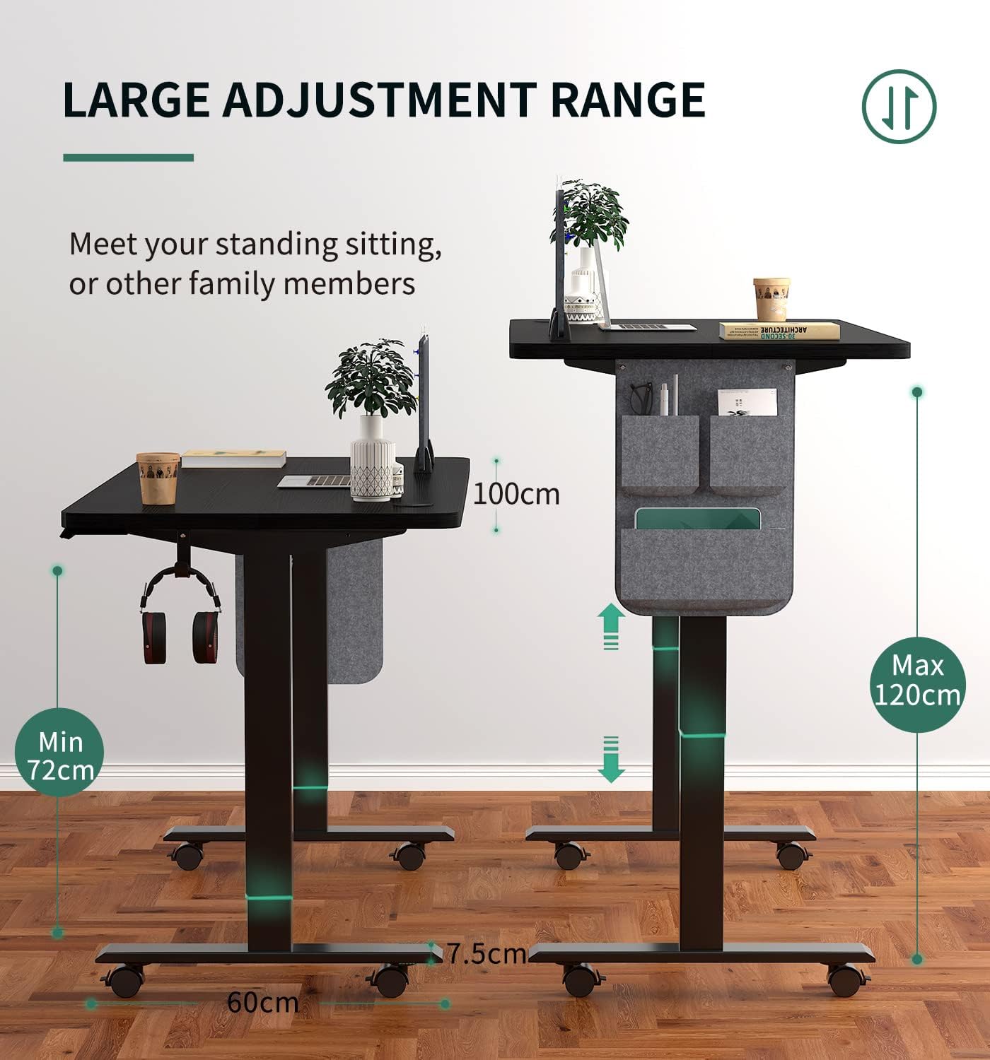 Maidesite standing desk's height adjustable range 72-120cm, meet your standing sitting, or other family members