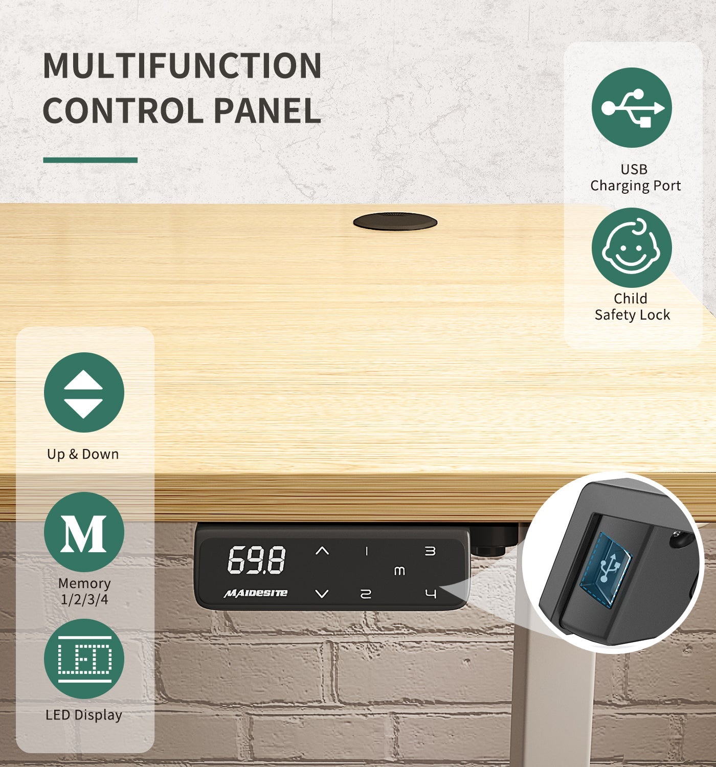 Maidesite SN1 standing desk has one smart touch control panel with 4 memory height preset, USB charge port and child safety lock