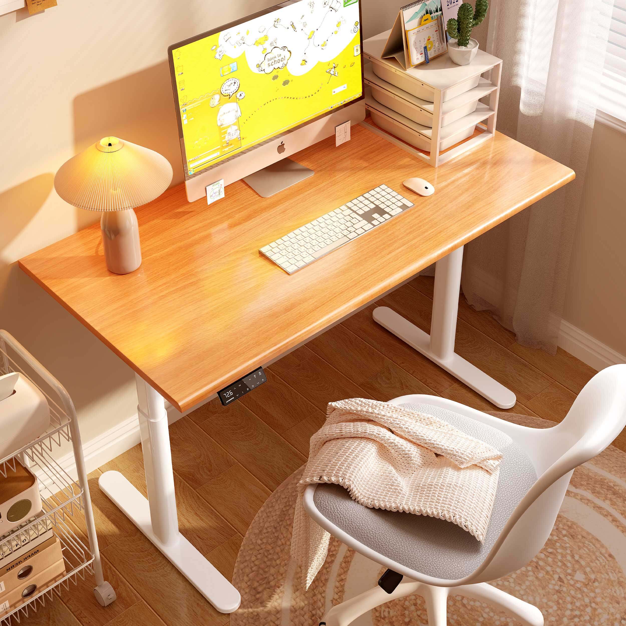 White oval leg frame and oak desktop standing desk for home office