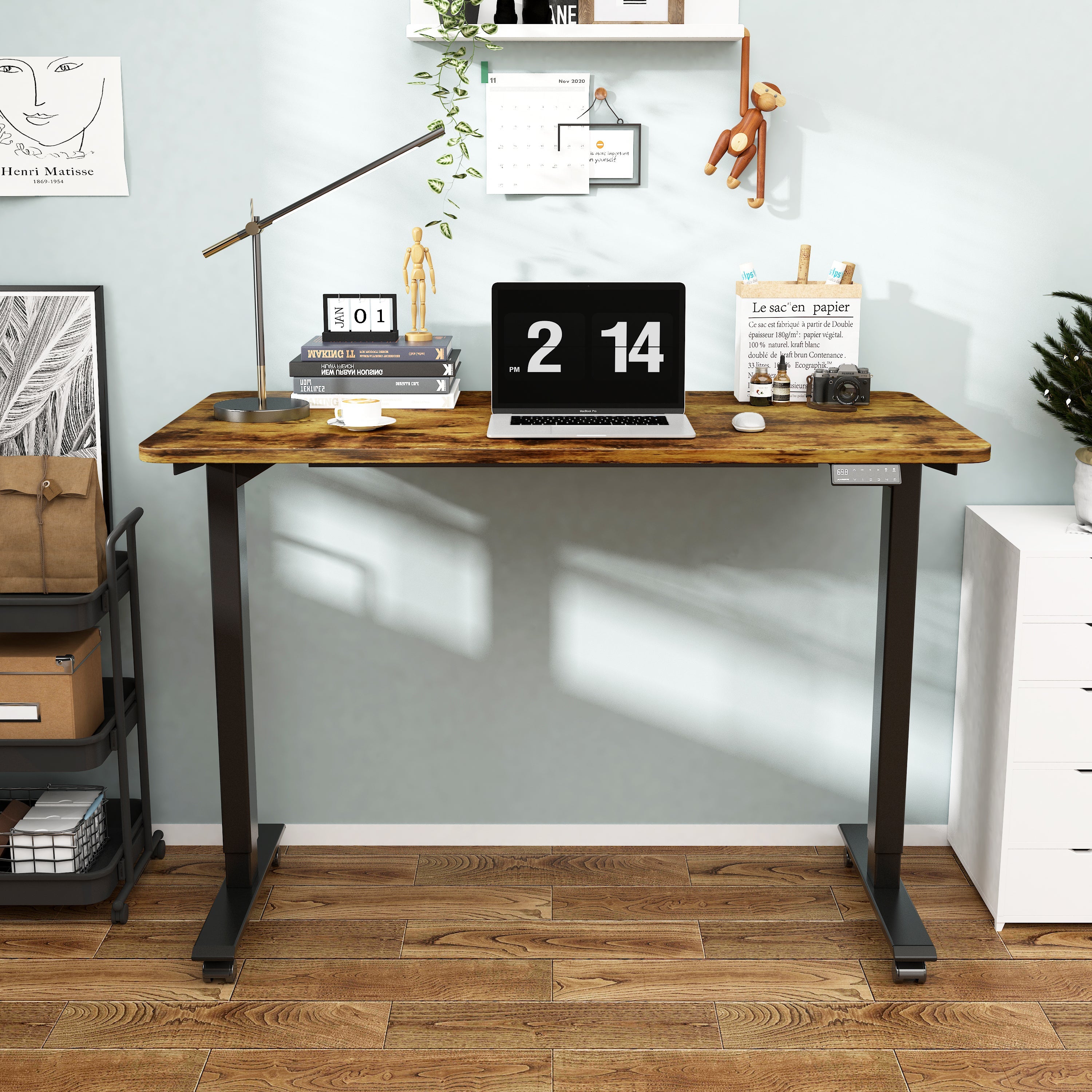 Maidesite Stylish standing desk black frame and 140cm vintage desktop in the living room