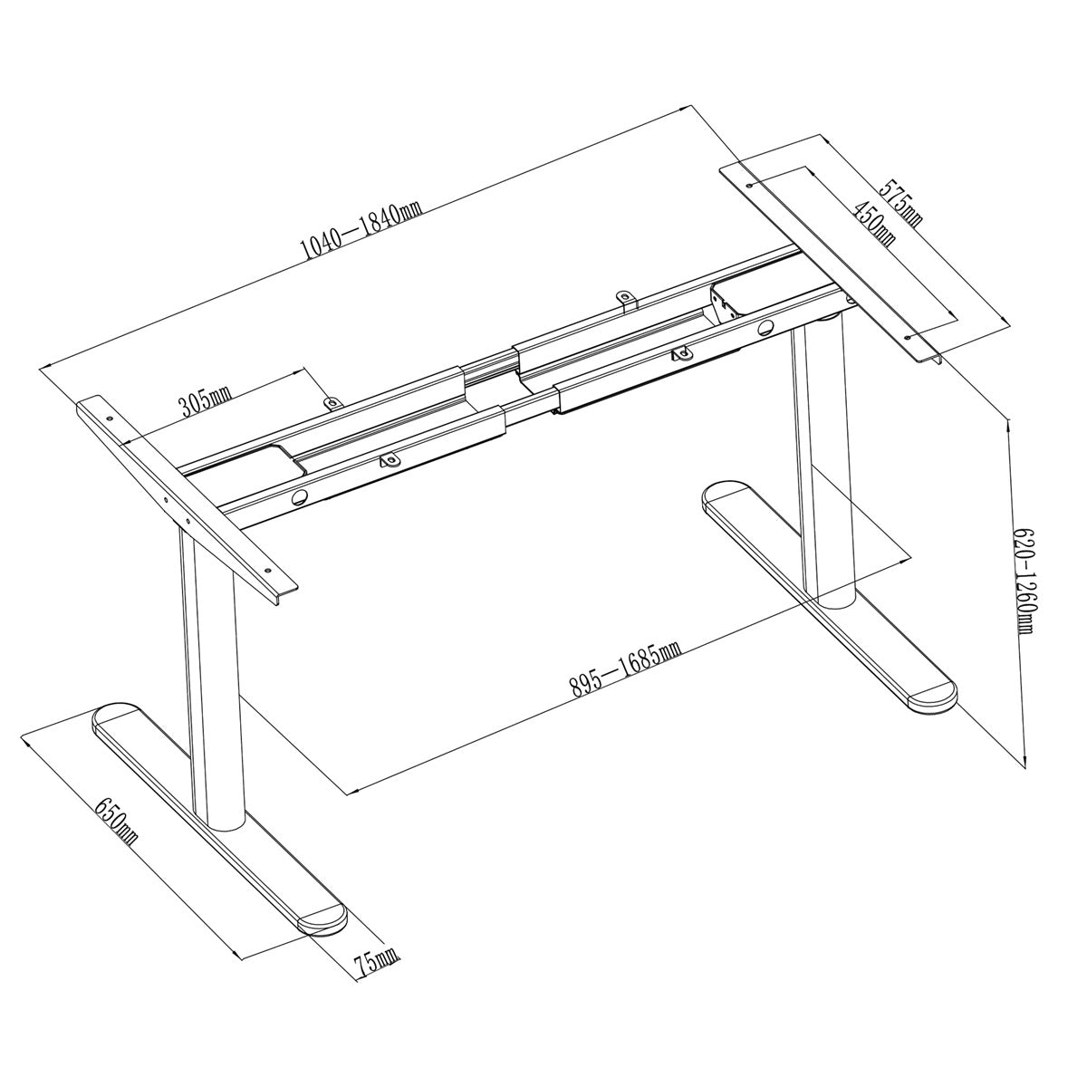 TH2 Pro Plus oval standing desk frame dimension