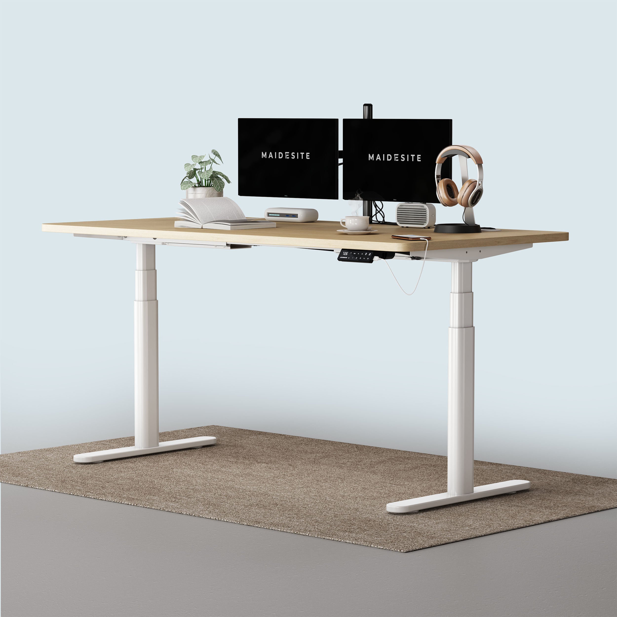 Maidesite TH2 Pro Plus white oval standing desk with oak top  in the office