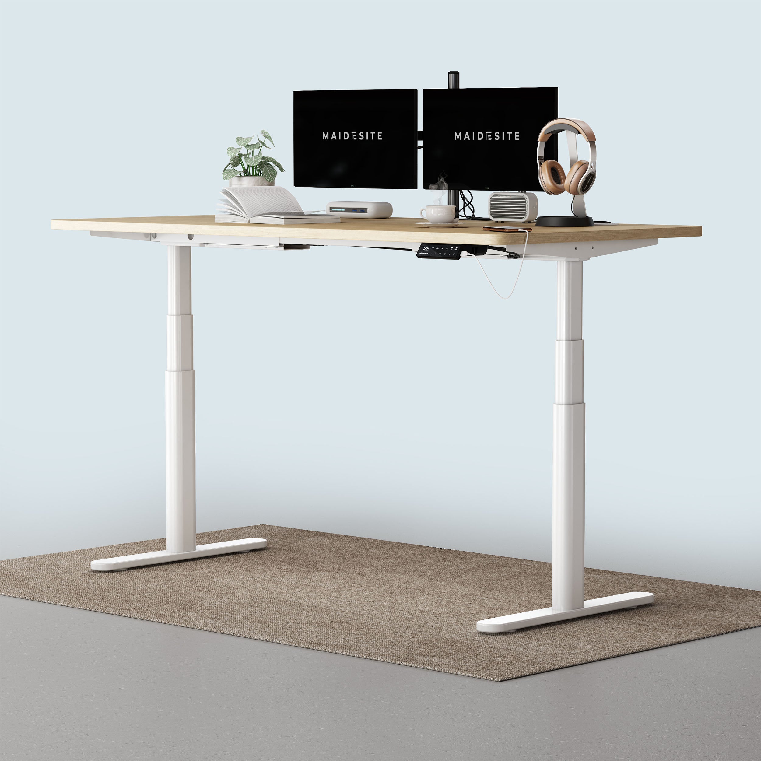 TH2 Pro Plus - Electric height adjustable desk white frame with oak top for home office