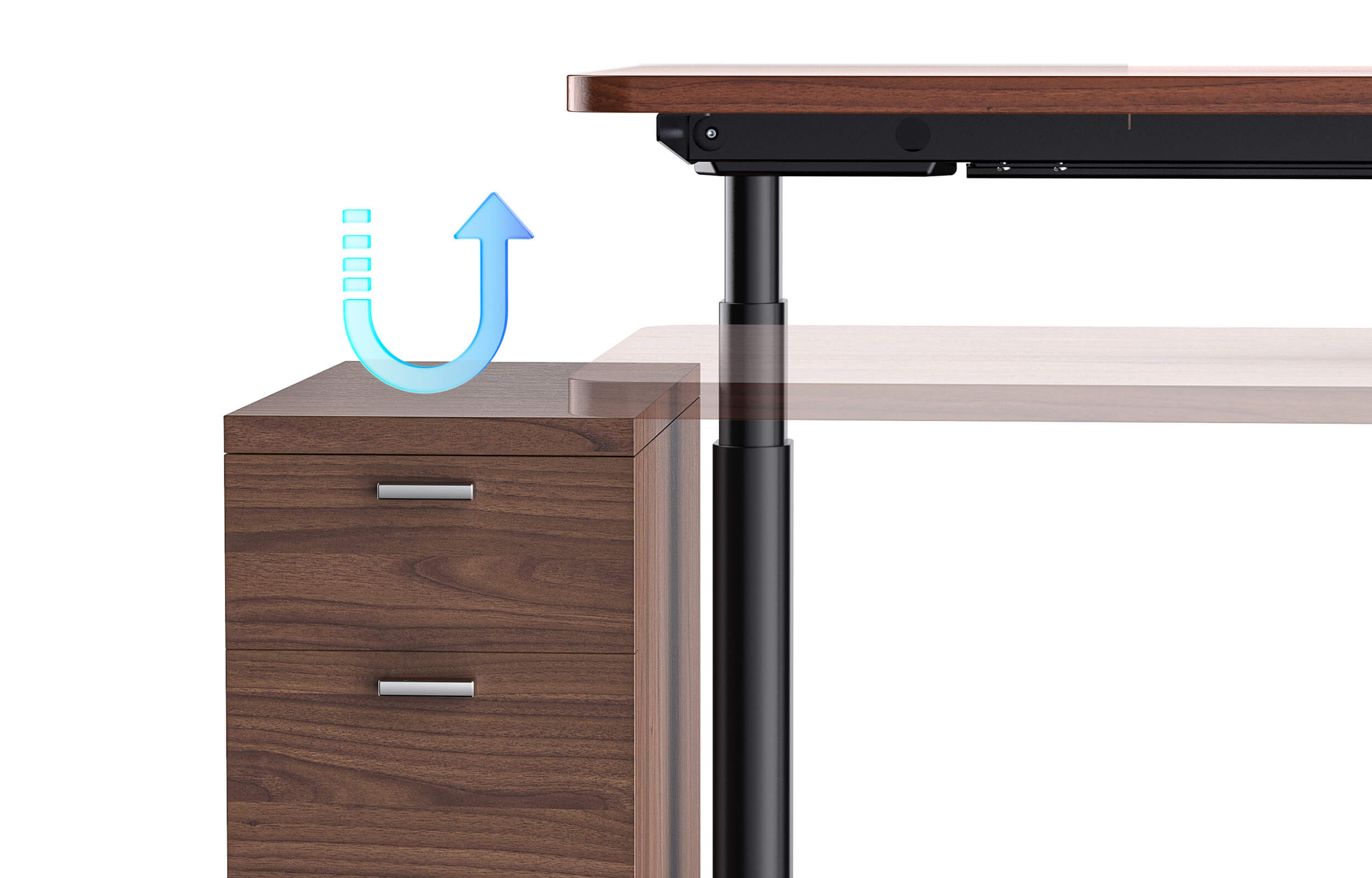Height adjustable desk comes with anti collision system to protect furniture and pets