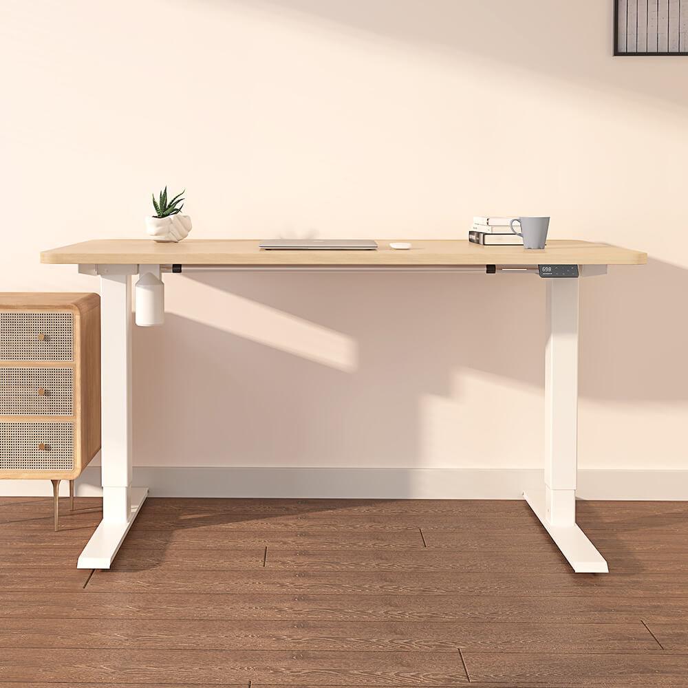Maidesite T1 Basic - Electric Height-Adjustable Standing Desk Frame white with oak top in the living room