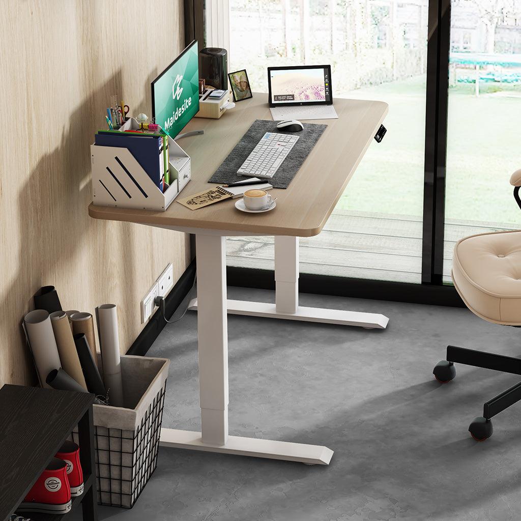 Maidesite electric height adjustable desk T2 Pro white frame oak top for work from home people